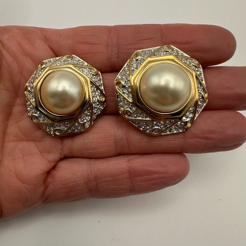 Swarovski Earrings Faux Pearl Crystal Clip Octagon Gold Tone Vtg Pave Y2K Signed
